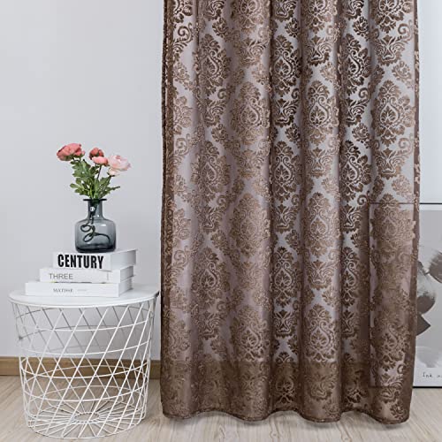 Decoridea Grommet Damask Velvet Semi Sheer Window Curtain Panel - Classy Elegant Textured Vintage Curtain For Living Room Bedroom Curtain Panel Drapes, 2 Panels (Damask Mocha, W52 X H108 Inches) #TOP4