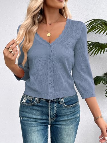 Image of Women Crop Cardigan Sweaters Lightweight 3 /4 Sleeve Button Up Crochet Shrug | Textured Bolero For Dresses Dressy Casual, V Neck, Ladies Eyelet Shawl Thin Trendy