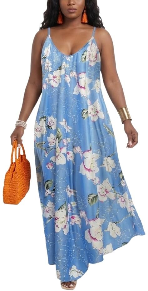 Image of Women's Casual Summer Maxi Dresses Sleeveless Adjustable Spaghetti Strap Loose Plus Size Dresses