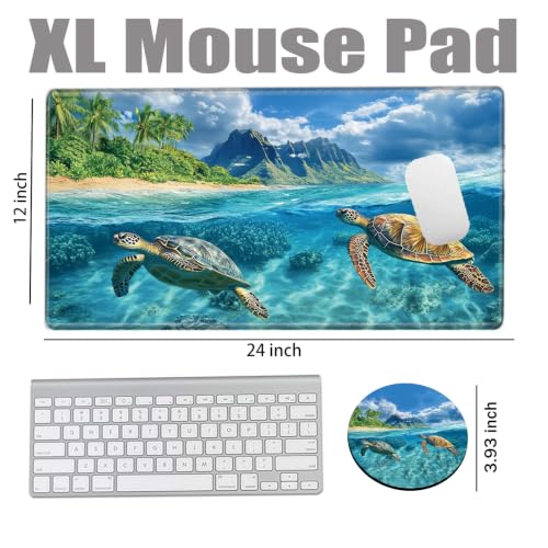 Image of Gaming Mouse Pad Sea Turtle Mousepad 24x12 Inch Desk Mat XL Long Desk Pad Non-Slip Rubber Base Computer Mat with Stitched Edges for Office Work Home Game