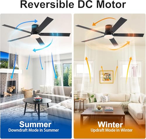 Image of Rayqueen 60 Inch Flush Mount Black Ceiling Fans with Lights and Remote