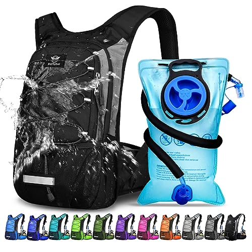 Insulated Hydration Backpack Pack with 3L BPA Free Leak Proof Water Bladder, Large Storage Lightweight Hiking Daypack with Waist Pouches & Cooler Layer, for Running, Biking, Camping, Festival