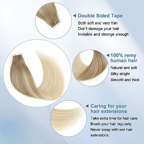 Image of Sixstarhair Invisible Tape In Hair Extensions Real Human Hair Balayage Blonde with Light Chestnut Brown Fading to Platinum Blonde Hair Extensions 20 Pcs 50g [Color #B8-60 20 inch]
