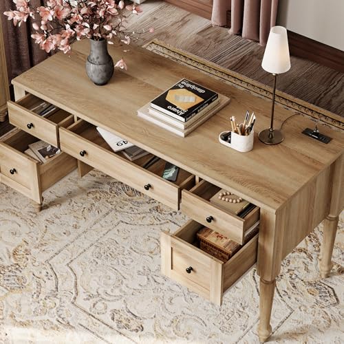 WAMPAT Home Office Furniture Set, 56\'\' Executive Desk with Charging Station, 72\" Tall Bookcase with 2 Glass Doors, Wood Computer Desk with File Cabinet Storage, Open Shelf, Oak