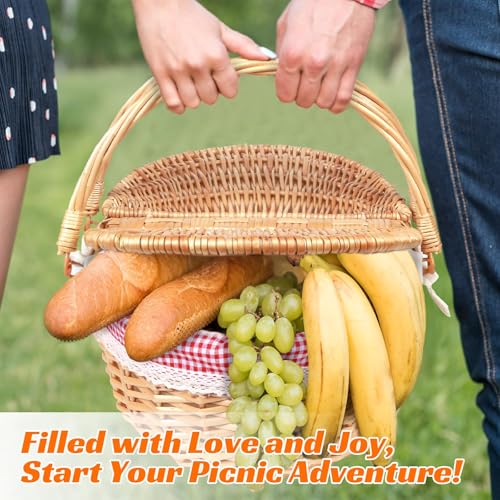 Cesta de Picnic de Mimbre Estilo Campestre con Tapa Ovalada y Forro Rojo, Asa Resistente y Forro Extraíble, Cesta de Almacenamiento para Picnic, Fiestas, Barbacoas y Camping DecoracióN del