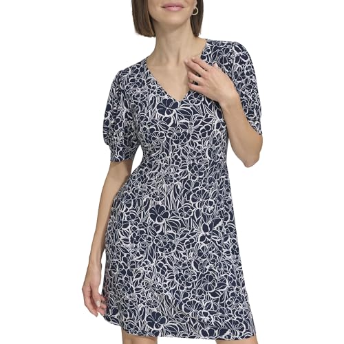 Image of Tommy Hilfiger Women's Short Puff Sleeve V-Neck Shift Mini Dress