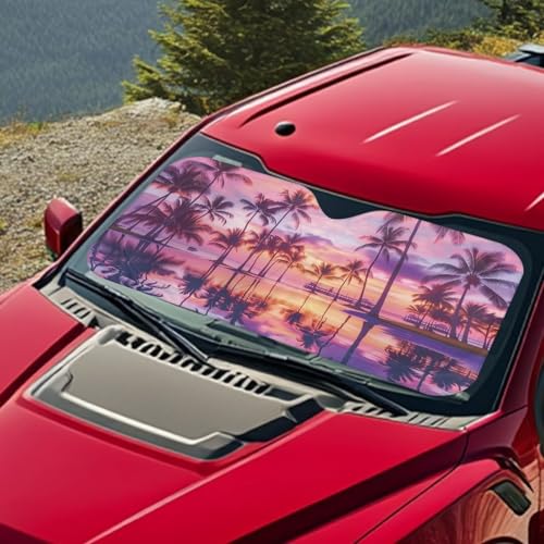 Image of Palm Tree Sunset Car Windshield Sunshade Car Interior Accessories for Sun Heat Foldable Sun Shade Keeps Vehicle Cool Fit Most Auto Truck Van SUV (66.53 x 34.44 in)