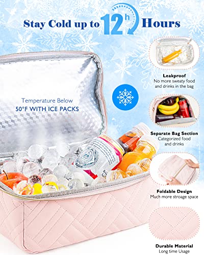 Glorieroo® Lunch Bag Women Men, Large Insulated Lunch Box Tote Cooler - Stylish Vegan Leather 2 Tier Lunch Bag With Adjustable Shoulder Strap For Adults Travel Work, Pink #TOP2