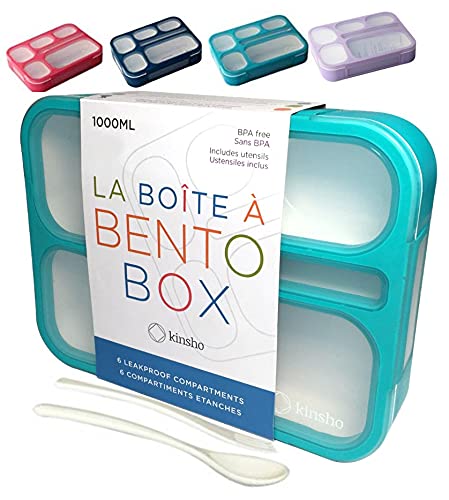 kinsho Bento Box Lunch-Box Containers for Kids, Adults | 6 Compartment Lunch-Boxes | Leakproof School Bentobox, Snack or Meal Portion Container | BPA-Free, Teal