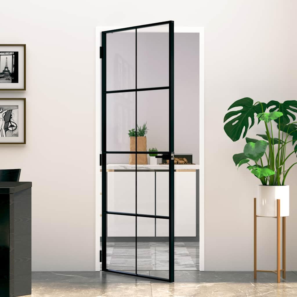 vidaXL Innentür, Zimmertür Komplettset 83x201,5cm, Glastür mit Griff Eisenschloss, Drehtür Tür aus Glas, Modern, Schwarz Hartglas Aluminium Schlank