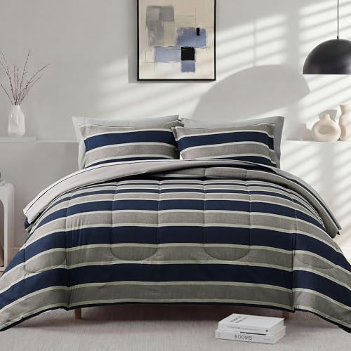 Image of Monbix Queen Comforter Set - 7 Pieces Bed in a Bag Queen, Light Grey-Stripe Bedding Sets, All Seasons Comforter Bed Set with Sheets, Pillowcases & Shams