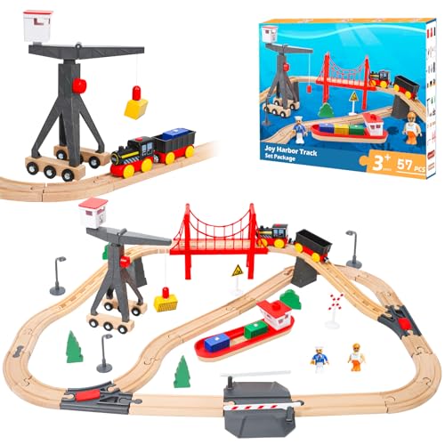 LZDMY Holzeisenbahn Set Zug Kinder, 57 Stück Elektrische Eisenbahn aus Holz Kompatibel mit Brio- Holzschienen, Holzzug Spielzeug für 3 4 5 6 Jahre alt Spielzeugeisenbahn Geschenk für Junge & Mädchen