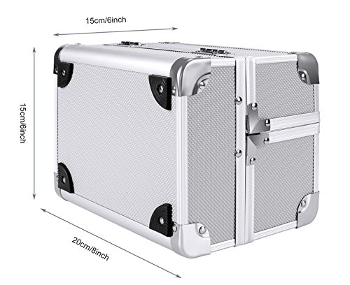 Jaketen Portable Makeup Organizer Case With Mirror, Mini Travel Makeup Case, Lockable Aluminum Cosmetic Organizer Case 8 Inch Silver #TOP5