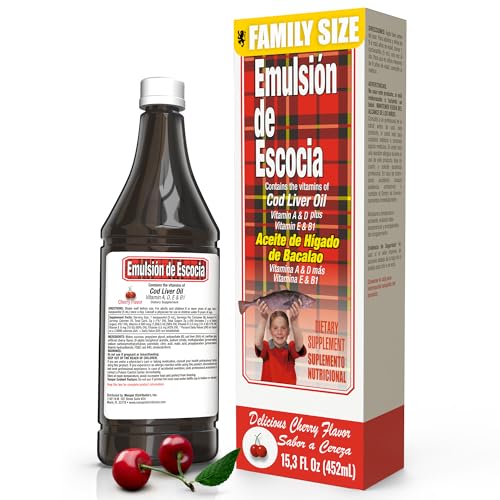 Emulsión de Escocia with Cod Liver Oil – Cherry Flavor – Vitamins A, D, E & B1 for Immune and Liver Support – Liquid Supplement for Kids – 15.3 Fl Oz | 1-Pack
