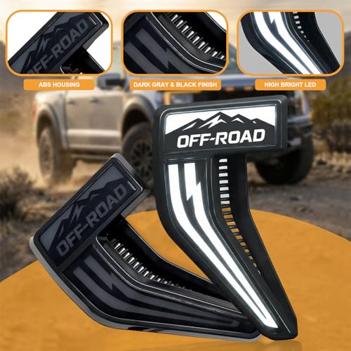 Image of LED Fender Vent Lights for Ford F-150 2021-2025, Sequential Turn Signal & White DRL with Startup Animation, Smoked OFFROAD Mountain Style Side Vent Light, F150 Exterior Accessories (Pair)