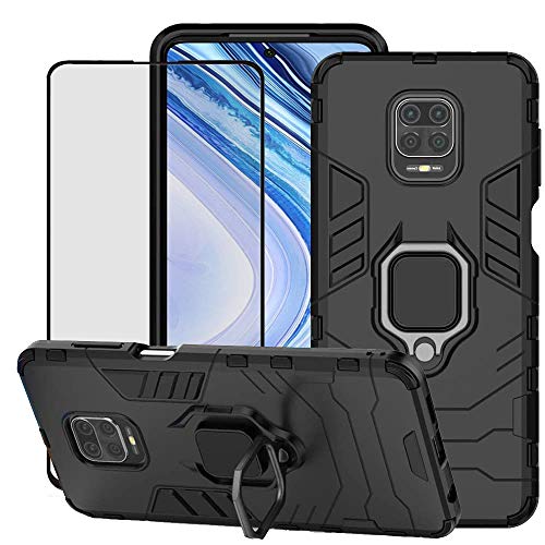 DuoLide for Xiaomi Redmi Note 9S / Note 9 Pro Case, 2 in 1 Hybrid Heavy Duty Armor Shockproof Defender Kickstand Dual Layer Bumper Hard Back Case Cover Tempered Glass Screen Protector?Black