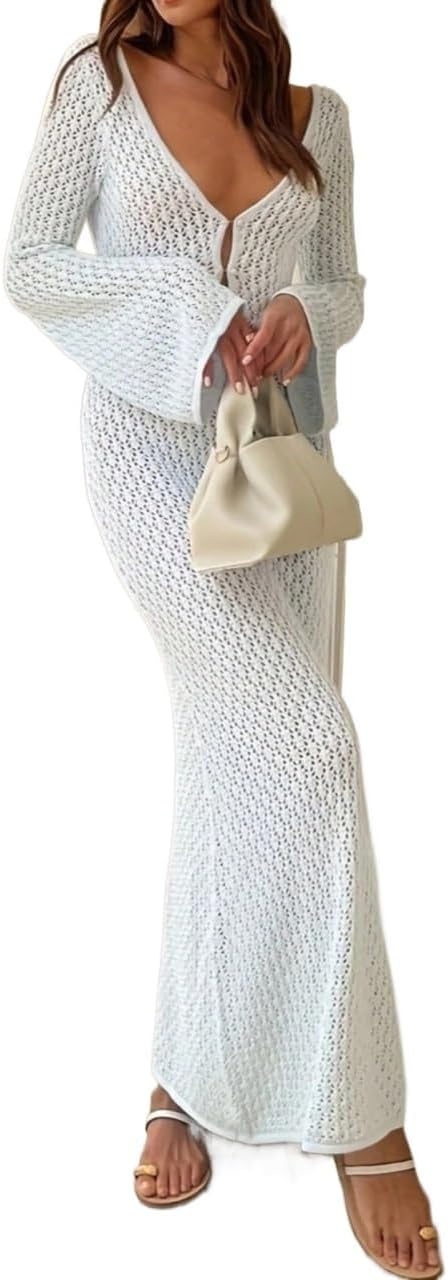 Women's Long Sleeve Hollow Out Swimsuit Cover Up, Elegant Beach V-Neck Dress Summer cover ups for swimwear