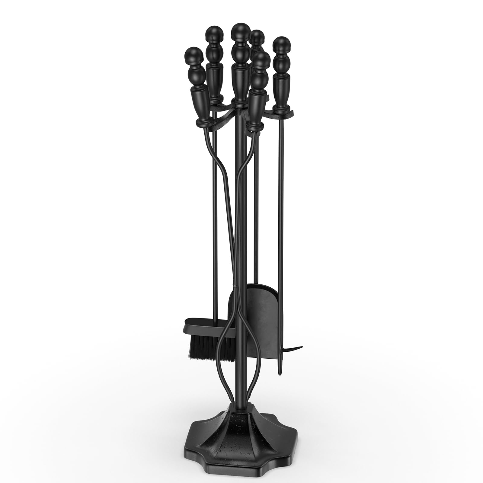 5PC Fireplace Tools Set - Fireplace Accessories Tool Set with Stand - 32" Wrought Iron Heavy Duty - Indoor Outdoor Fire Pit Wood Stove Hearth - Poker Tongs Shovel Brush - Black
