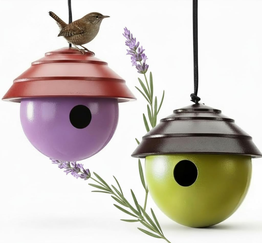 2 PK Composite Clay Bird House for Outside, Water Proof Hanging Birdhouse. Squirrel Proof Mordern Design Style Nest Box. 1.125" Hole Size for Wrens and Chickadees. (Sage Green & Lavender)