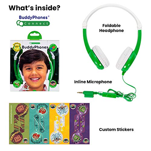 ONANOFF BuddyPhones Connect, Volume-Limiting Kids Headphones, Foldable and Durable, Built-in Audio Sharing Cable with in-Line Mic, Best for Kindle, iPad, iPhone and Android Devices, Green
