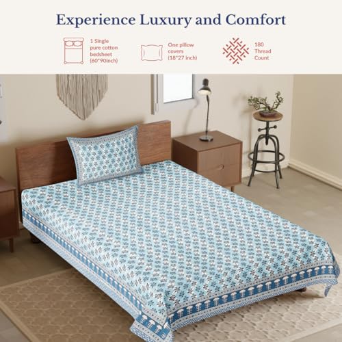 Image of Jaipur Weaves Single Bed Cotton Bedsheet with 1 Pillow Cover, 100% Pure Cotton Single Bedsheet 60x90 Inches, 180 TC Soft Breathable Floral Bed Sheet - (Floral Sapphire Blue, Single)