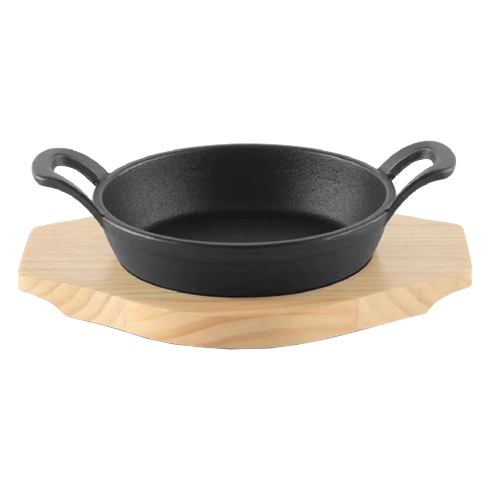 ibasenice Padella per fajitas in ghisa: piastra rovente con base in legno - Padella rotonda per bistecche da 18 cm - Pentola rotonda per fajitas, ideale per cuocere al forno.