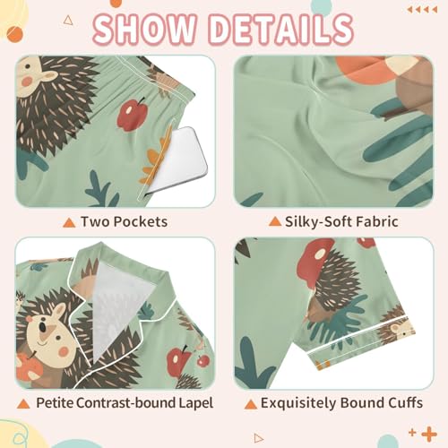 senya Cute Hedgehog Carrying Fruit Satin Summer Pajama Sets Silk Short Sleeve Button Down Sleepwear3