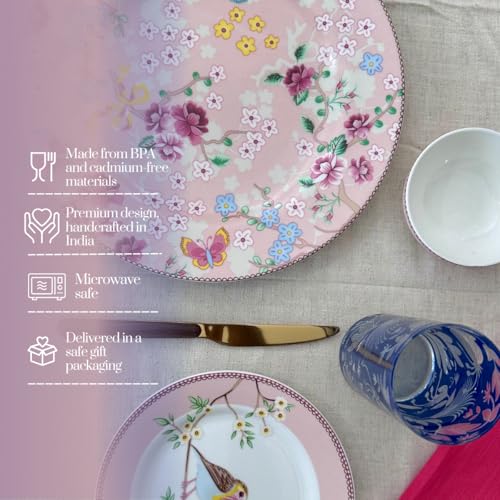 Image of GOLDEN QUEEN'S Handcrafted 12 Pieces Dinner Set | 4 Dinner Plates, 4 Small Bowls & 4 Snack Plates | Perfect for Hosting Guests and Daily Meals - Birdie in Pink Dinnerware