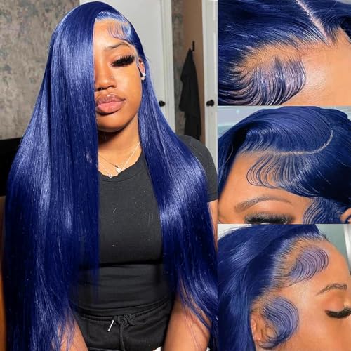 Blue Lace Front Wigs Human Hair Straight 13x4 HD Lace Frontal Wig Human Hair Pre Plucked with Baby Hair 180% Density Dark Blue Colored Wear and Go Glueless Straight Wig Human Hair for Women 26 Inch