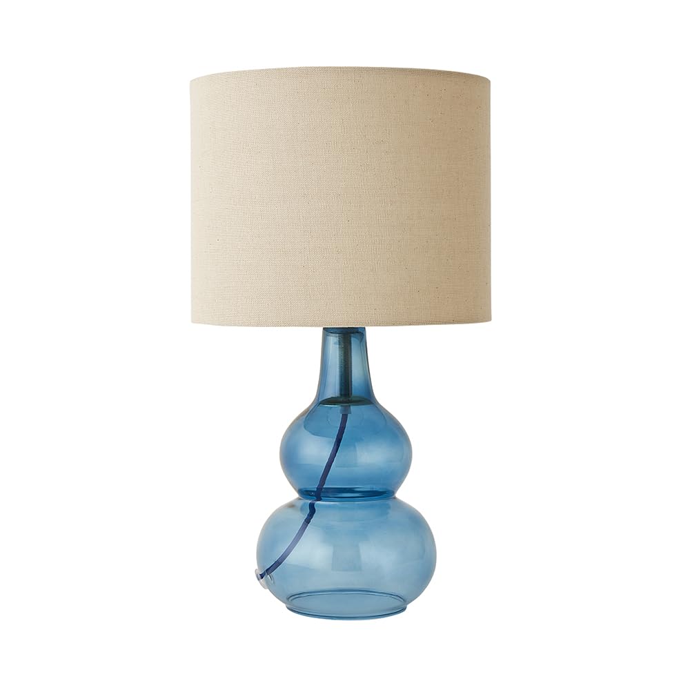 ValueLights | Aida Natural Linen Tall Lamp Shade Blue Bubble Glass Table Lamp with LED Bulb | Table Lamps, Home Décor & Improvement Essential | Included LED Bulb