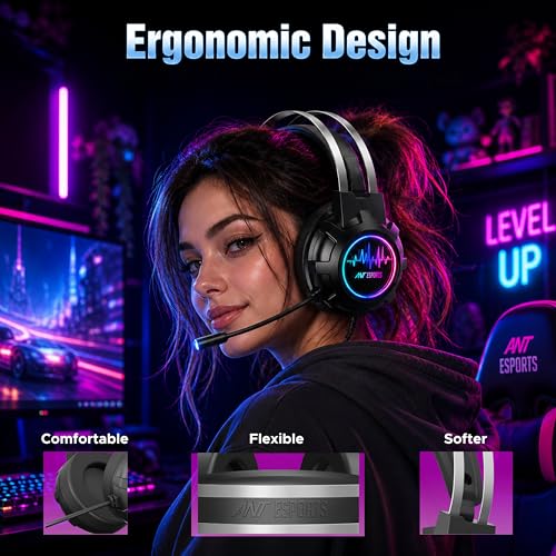 Image of Ant Esports H950 Pro Wired Gaming Headset for PC, Xbox, PS4 & PS5, 7.1 USB Surround Sound Wired Headphones, 50mm Drivers, Mirror RGB LED, Omnidirectional Mic & Noise Isolating Ear Cups - Black