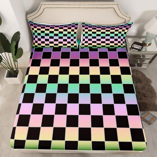 Image of Erosebridal Black Checkered Sheet Set Full Rainbow Ombre Plaid Bed Sheets Colorful Geometric Checkerboard Bedding for Kids Boys Girls,Aesthetic Grids Bed Sheets Set 4 Piece