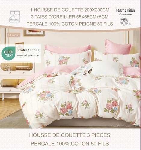 Parure De Lit 3 Pièces Fanny & Céline - Housse De Couette 240x220cm + 2 Taies 65x65cm - Percale 100% Coton 80 Fils - Fermeture Boutons - 3