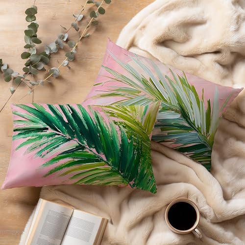 Image of Pink and Green Summer Tropical Coastal Palm Leaf Pillow Cover Decor 12x20,Small Botanical Decorative Lumber Throw Pillow Cover for Beach House Decor Double-Sided Set of 2