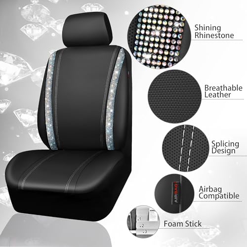 Image of CAR PASS Bling Diamond Car Seat Cover Full Set, Shining Rhinestone Waterproof Leather, Rear with Zipper, Universal Fit 95% Automotive Glitter Sparkle Crystal for Cute Women Girl, Colorful Diamond
