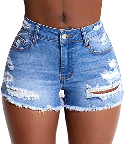 Women&#39;s Stretch Ripped Denim Shorts Mid Waist Casual Frayed Raw Hem Distressed Jean Shorts