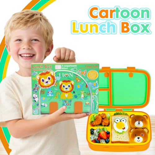 Image of Cute Cartoon Bento Lunch Box for Kids, 800ml /27oz BPA-Free Leak-Proof Food Containers with 3 Compartments, Dishwasher Safe, Back to School Students Lunches Size for Ages 3-7