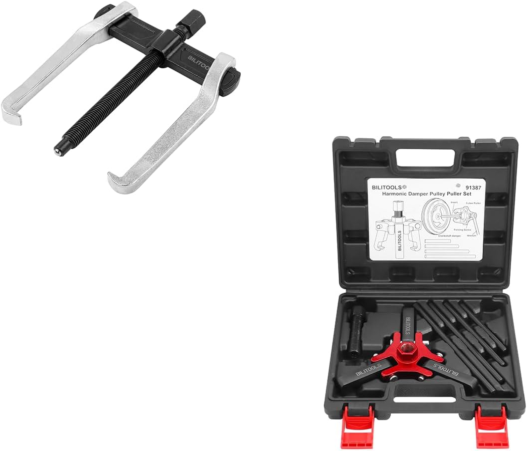 BILITOOLS 4" 2-Jaw Gear Puller, Internal External for Removal of Pulleys Flywheels Bearings & Gears & Harmonic Balancer Puller Set, Adjustable 3-Jaw Puller for Removing Harmonic Damper Pulley