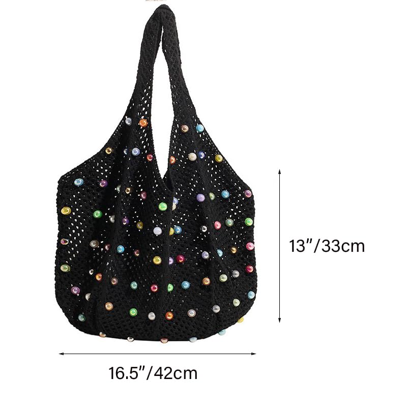 Image of Boho Crochet Beach Tote Shoulder Bag with Colored Beads | Colorful Aesthetic Hippie Knit Bag for Women