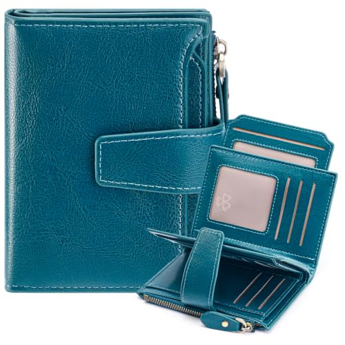 Image of GOIACII Leather Women's Wallet RFID Blocking Credit Card Holder Teal | Compact, Small, Trifold Billfold with Zipper Coin Pocket, 4 ID Windows