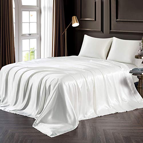 Chvonttow 4 Piece Satin Sheets Queen Size Luxury Silky Satin Bed Sheets Set, Wrinkle, Fade, Stain Resistant, 1 Deep Pocket Fitted Sheet + 1 Flat Sheet + 2 Pillowcases (Ivory White) #TOP20