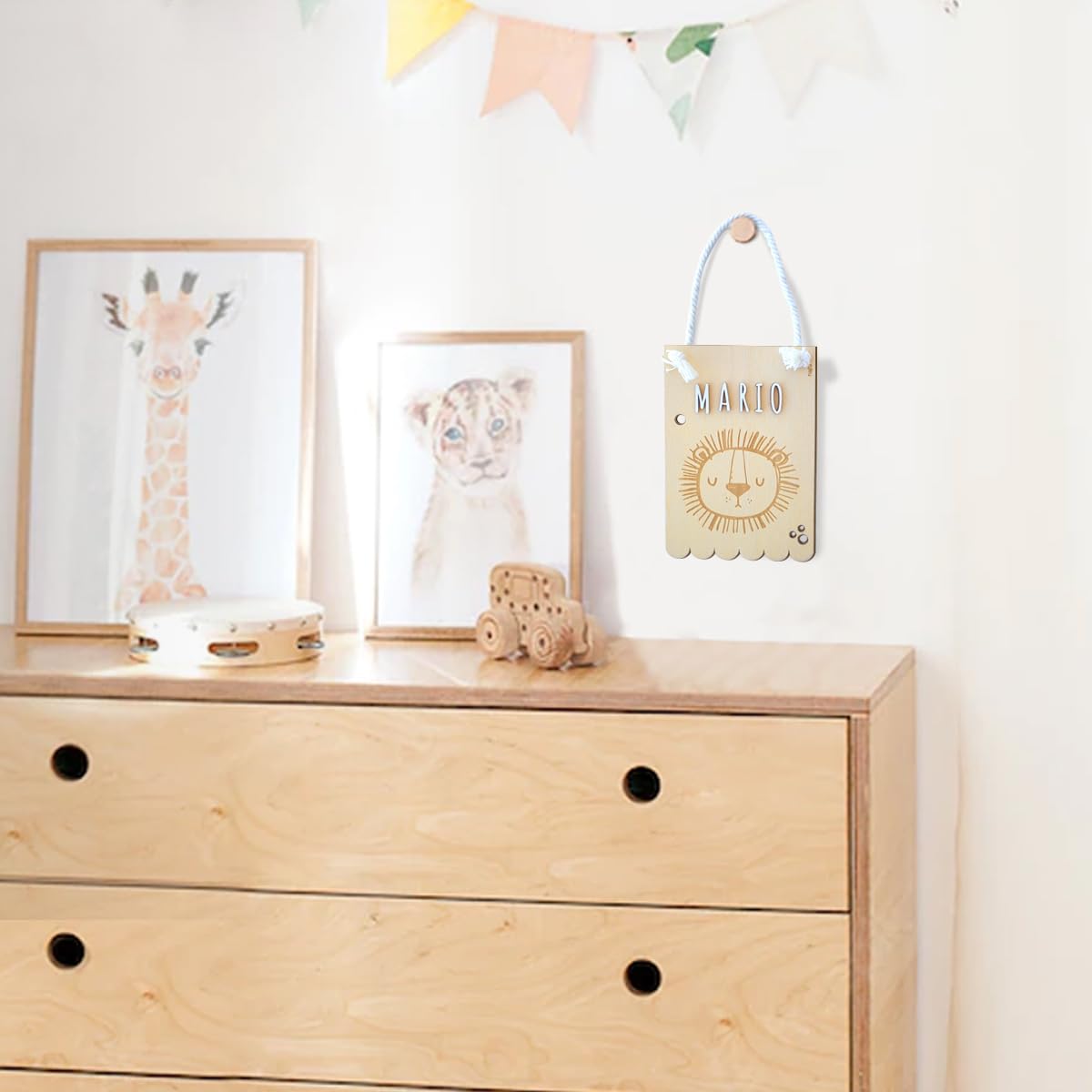 nagu® Banderín de Madera Infantil con Animales 10x15 cm | Incluye Letras Adhesivas para Nombres Personalizados | Guirnalda Decorativa para Habitación Bebé Niño o Niña | Regalo Bebé Personalizado