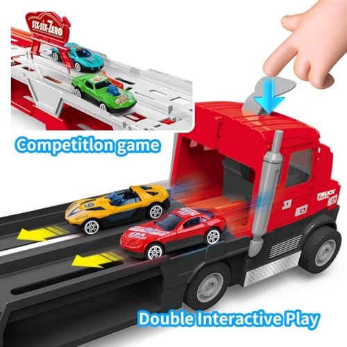 Image of Happy Hues Big Hauler Storage & Deform Truck Toy with 55 inch 2 Ejection Race Track & 6 Cars- Catapult Truck with LED Light & Music for Kids (Red)