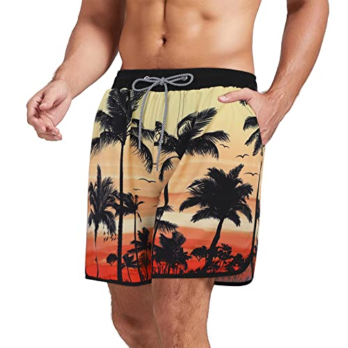 Mens Swim Trunks With Compression Liner Beach Swim Shorts For Men 80S 90S Fashion Vintage Coconut Tree L #TOP1