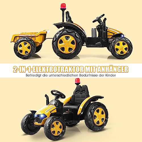 COSTWAY 12V Elektro Traktor für Kinder mit abnehmbarem Anhanger und 2,4G Fernbedienung, Aufsitztraktor 3-8 km/h mit Warnleuchte, Hupe, Musik, Getränkehalter, geeignet fur Kinder ab 3 Jahren (Gelb) – Bild 3
