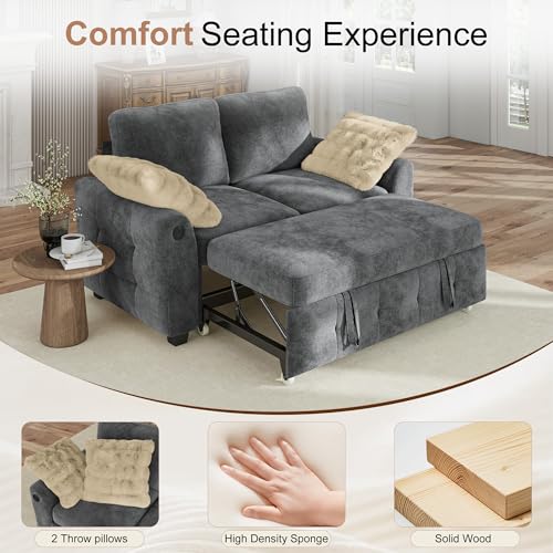 Image of Hanherry 59 inch Loveseat Couch with Pull Out Sofa Bed, Chenille 2-in-1 Convertible 2 Seater Sleeper Sofa with USB Charging,Comfy Love Seat for Small Spaces Living Room Apartment