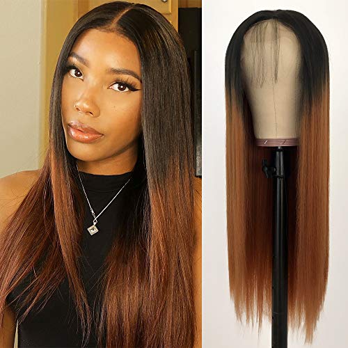 QD-Tizer Ombre Ginger Color Sliky Straight Hair Wigs with Baby Hair Heat Resistant Synthetic Lace Front Wigs for Fashion Women 24 inch