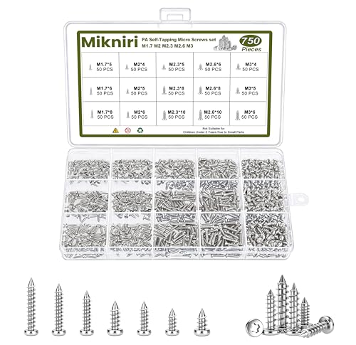 Mikniri 750Pcs Small Self Tapping Screws for Plastic,M1.7-M3 Silver Screws