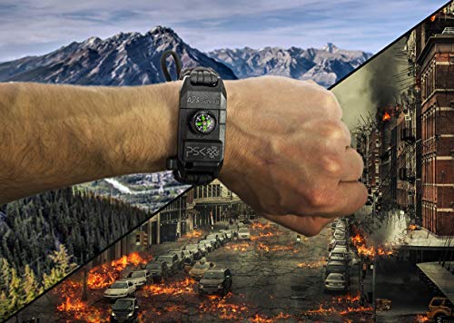 PSK Paracord Bracelet 8-in-1 Personal Survival Kit Urban & Outdoors Survival Knife, Fire Starter, Glass Breaker, Survival Whistle, Signal Mirror, Fishing Hook & String, Compass (Black / Black)