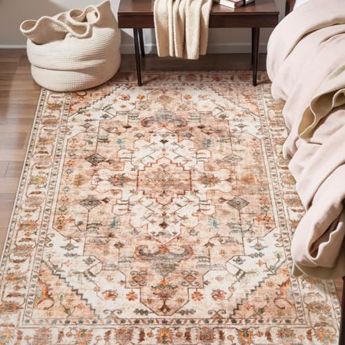 SERISSA Area Rug 3x5 Boho Peach Cream Rugs for Bedroom, Washable Kitchen Rugs Non-Slip, Ultra Soft Print Distressed Vintage Entry Rug Low-Pile Throw Rug Carpet for Nursery Living Room Dorm Decor